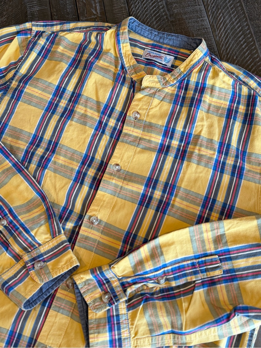 Jack and Jones Yellow Plaid Band Collar Shirt with Blue Stripes
